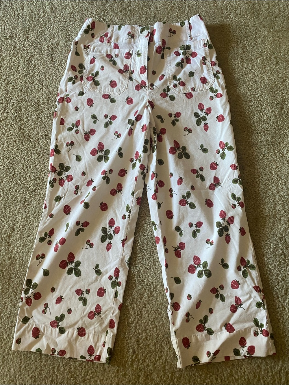 Nicole Miller White Pants with Pink Strawberry and Green Leaf Print